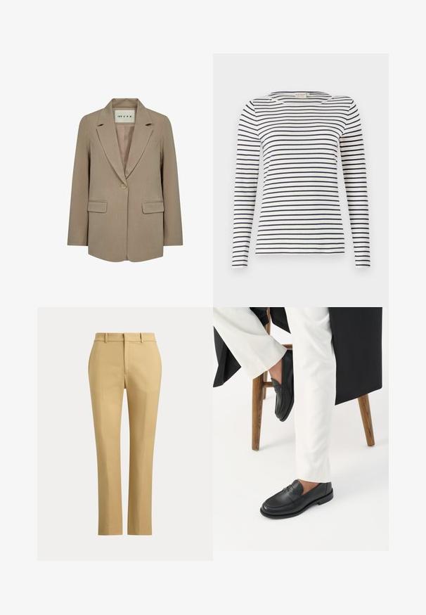 Blazer beige pour femme à un bouton avec revers crantés, deux poches à rabat et une étiquette à l'intérieur du col indiquant "IVY CPH".; Chemise à manches longues rayée en tissu doux, avec des rayures horizontales bleu marine et blanches, un col rond et une coupe ajustée.; Pantalon beige droit avec passants de ceinture, fermeture éclair à l'avant et plis sur mesure sur un fond clair uni.; Personne portant des mocassins en cuir noir et un pantalon blanc assise sur un tabouret en bois devant un fond blanc.