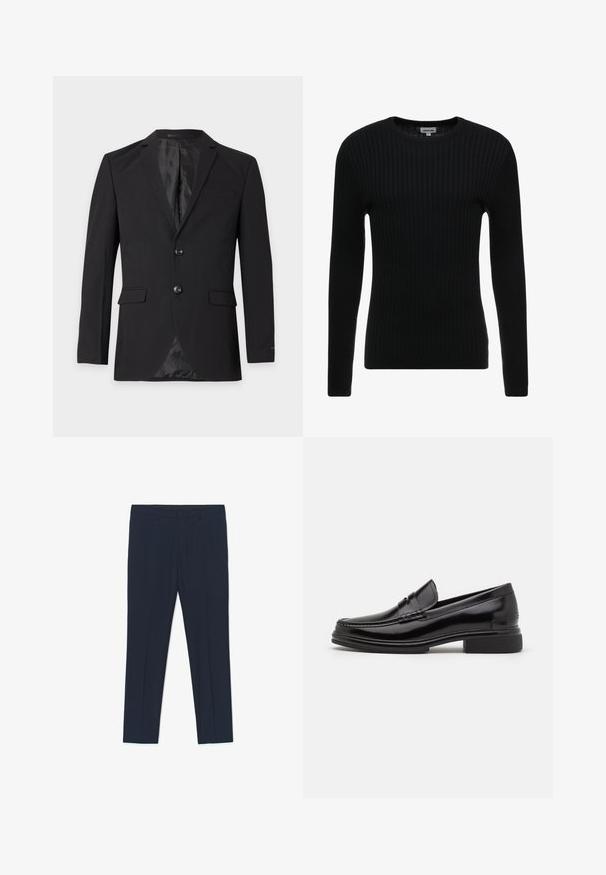 Schwarzer formeller Herrenblazer mit zwei Knöpfen, Kerbkragen, Pattentaschen und einer Brustleistentasche, vor einfarbigem Hintergrund.; Schwarzer gerippter Langarmpullover mit Rundhalsausschnitt; texturiertes Gewebe mit vertikalen Streifen; figurbetonte Silhouette; keine sichtbaren Verzierungen oder Akzente.; Marineblaue formelle Hose mit maßgeschneidertem Design, glatter Textur und zwei Vordertaschen, mit klaren Linien und geradem Schnitt.; Schwarze Lederloafers mit runder Zehenform, ausgestattet mit einer genähten Detail über dem Vorderschaft und einem niedrigen Blockabsatz. Glatte Textur und glänzende Oberfläche.