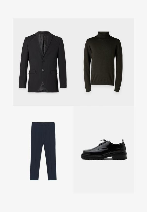 Zwarte formele herenblazer met twee knopen, een inkeping in het revers, klepzakken en een borstzakje, getoond tegen een effen achtergrond.; Donkergroene coltrui van een zachte breiselstof, met lange mouwen en geribbelde boorden en zoom. Gladde textuur met minimale details.; Marineblauwe formele broek met een getailleerd ontwerp, een gladde textuur en twee voorzakken, met strakke lijnen en een rechte pasvorm.; Zwarte gepolijste leren veterschoen met dikke rubberen zool en lage hak, zijmerktekst "SAMSOE" en een achterste aantreklus.
