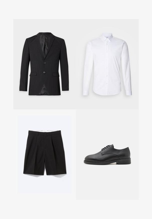 Zwarte formele herenblazer met twee knopen, een inkeping in het revers, klepzakken en een borstzakje, getoond tegen een effen achtergrond.; Witte lange mouwen knoopshirt gemaakt van gladde katoenstof, met een klassieke kraag, knoopsluiting en een gebogen zoom.; Zwarte op maat gemaakte knielange short met riemlussen, zijzakken, knoopsluiting en voorplooien, plat gelegd op een witte achtergrond.; Zwarte lederen oxford schoen met een ronde neus, voorzien van een gladde afwerking, vijf-oog veter sluiting en een lage gestapelde hak.