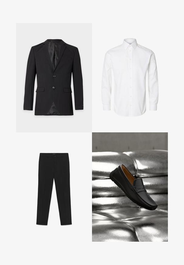 Μαύρο επίσημο blazer ανδρών με δύο κουμπιά, πέτα με αυλάκι, τσέπες με καπάκι και τσέπη στο στήθος, εμφανιζόμενο σε απλό φόντο.; Λευκό πουκάμισο με μακριά μανίκια, κουμπιά μπροστά, μυτερό γιακά και μανσέτες με κουμπιά.; Μαύρο παντελόνι από λείο ύφασμα, με εφαρμοστή γραμμή, επίπεδη μπροστινή όψη, δύο πλαϊνές τσέπες και κλείσιμο με κουμπί στη μέση.; Μαύρο δερμάτινο μοκασίνι που αιωρείται πάνω από μια γυαλιστερή ασημί καπιτονέ δερμάτινη καναπέ με απαλό φωτισμό.
