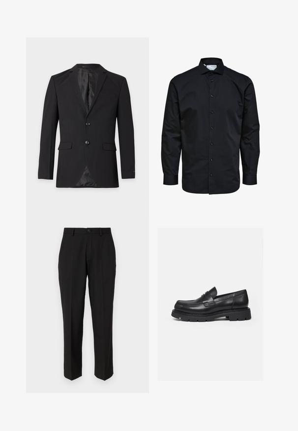 Blazer formal negro para hombre con dos botones, solapas con muesca, bolsillos con solapa y un bolsillo en el pecho, mostrado sobre un fondo liso.; Camisa de hombre negra de manga larga con botones delanteros y cuello clásico, hecha de tela lisa.; Pantalones negros de tela suave, con un diseño de pierna recta, bolsillos delanteros, un cierre de botón y sin patrones visibles.; Mocasín negro de cuero con suela gruesa y acanalada y detalle de tira para moneda, mostrado en perfil lateral derecho sobre fondo blanco.