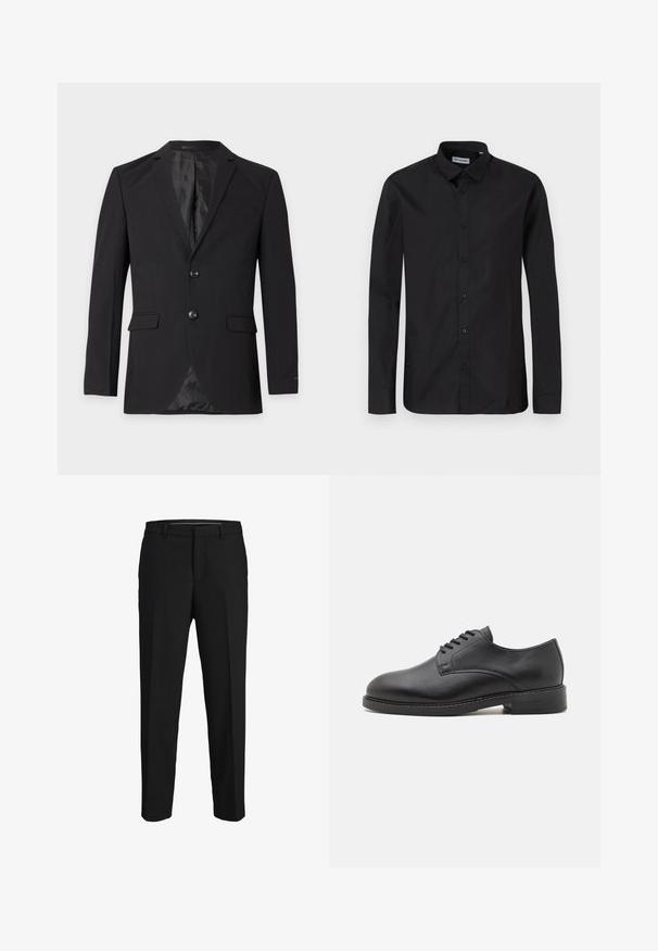 Sort herre formel blazer med to knapper, hakkeslag, klaplommer og en brystlomme med kant, vist mod en ensfarvet baggrund.; Sorte langærmede skjorte med klassisk krave, lavet af glat stof, med frontknapper og en almindelig pasform.; Sorte bukser lavet af glat stof, med lige snit, bæltestropper og et fladt frontdesign uden synlige mønstre eller pyntegenstande.; Sort læder oxford sko med en rund tå, der har en glat overflade, fem huller til snørebånd og en lav stablet hæl.