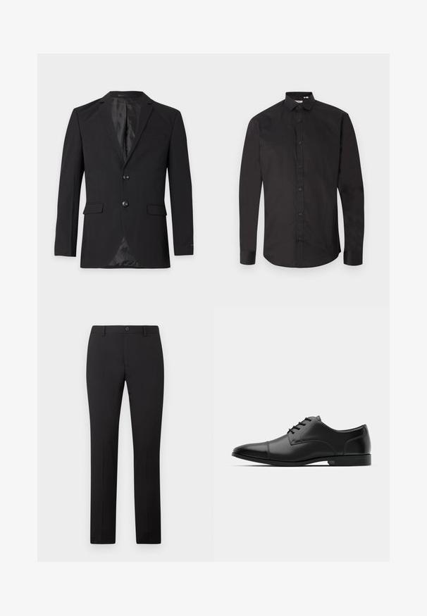 Blazer formel noir pour homme avec deux boutons, revers crantés, poches à rabat et une poche poitrine passepoilée, présenté sur un fond uni.; Chemise noire à manches longues en coton lisse, avec une fermeture à boutons sur le devant, un col classique et un ourlet arrondi. Design simple, sans motifs.; Pantalon noir sur mesure avec une coupe droite, doté d'une fermeture à bouton et de passants pour ceinture. Confectionné dans un tissu lisse sans motifs apparents.; Chaussure habillée en cuir noir avec un bout arrondi, texture lisse, six œillets et une semelle noire basse. Présente une couture discrète sur le bout.