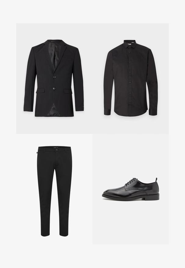 Sort herre formel blazer med to knapper, hakkeslag, klaplommer og en brystlomme med kant, vist mod en ensfarvet baggrund.; Sort langærmet skjorte lavet af glat bomuld med knapper foran, klassisk krave og afrundet kant. Enkel design uden mønstre.; Sorte bukser lavet af glat stof. Har en knaplukning, bæltesløjfer og et slim fit-design med tapered ben. Ingen synlige mønstre.; Sorte lædersko med en glat overflade, rund tå og snørebåndsdesign. Har en lavprofil sort gummisål og en lille hæl.