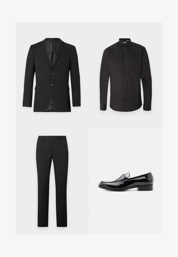 Blazer formal negro para hombre con dos botones, solapas con muesca, bolsillos con solapa y un bolsillo en el pecho, mostrado sobre un fondo liso.; Camisa negra de manga larga hecha de algodón suave, con cierre de botones en el frente, cuello clásico y dobladillo curvado. Diseño simple, sin estampados.; Pantalones negros a medida con diseño de pierna recta, con cierre de botón y trabillas para cinturón. Hechos de tela suave sin patrones visibles.; Zapato tipo mocasín para hombre de charol negro con tacón bajo, punta redondeada y detalle de correa sobre el empeine, sobre fondo blanco.