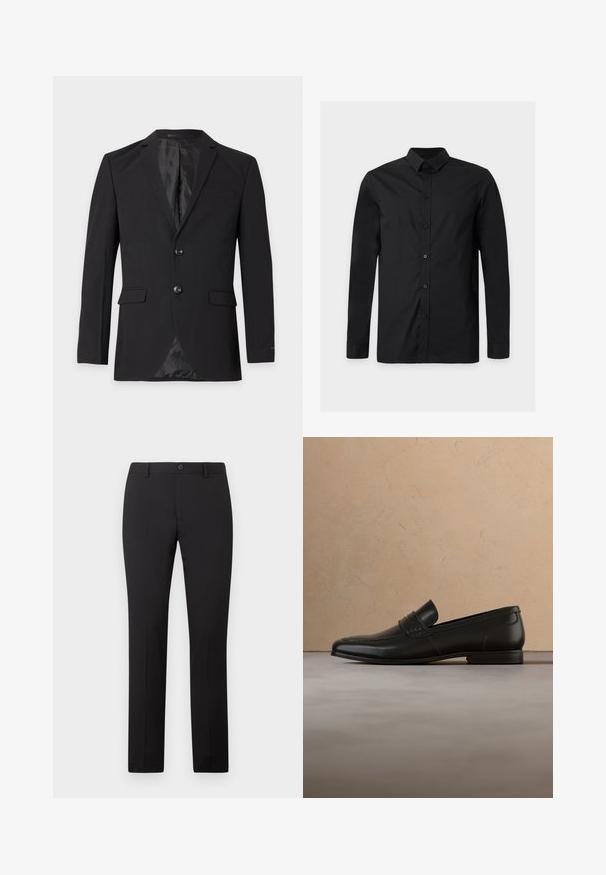 Blazer formel noir pour homme avec deux boutons, revers crantés, poches à rabat et une poche poitrine passepoilée, présenté sur un fond uni.; Chemise noire unie à manches longues avec boutons et col classique, présentée sur un fond gris clair.; Pantalon noir sur mesure avec une coupe droite, doté d'une fermeture à bouton et de passants pour ceinture. Confectionné dans un tissu lisse sans motifs apparents.; Mocassin en cuir noir présenté en lévitation au-dessus d'un tapis beige avec un canapé beige en arrière-plan.