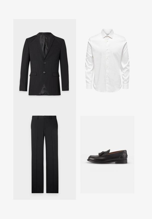 Blazer formel noir pour homme avec deux boutons, revers crantés, poches à rabat et une poche poitrine passepoilée, présenté sur un fond uni.; Chemise blanche pour homme à manches longues avec col pointu et rangée avant de boutons blancs sur fond uni.; Pantalons noirs ajustés avec une coupe droite, en tissu lisse, avec des plis avant et une fermeture à bouton unique à la taille.; Mocassins en cuir noir avec un bout arrondi, ornés d'un gland décoratif à l'avant et d'un petit talon. Texture lisse avec des détails de couture subtils.