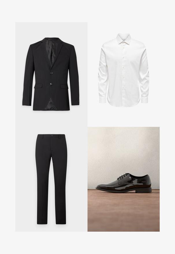 Blazer formel noir pour homme avec deux boutons, revers crantés, poches à rabat et une poche poitrine passepoilée, présenté sur un fond uni.; Chemise blanche pour homme à manches longues avec col pointu et rangée avant de boutons blancs sur fond uni.; Pantalon noir sur mesure avec une coupe droite, doté d'une fermeture à bouton et de passants pour ceinture. Confectionné dans un tissu lisse sans motifs apparents.; Chaussure de dress en cuir verni noir avec un bout arrondi, un design à lacets et une surface lisse et brillante. Dispose d'une semelle en caoutchouc discrète.