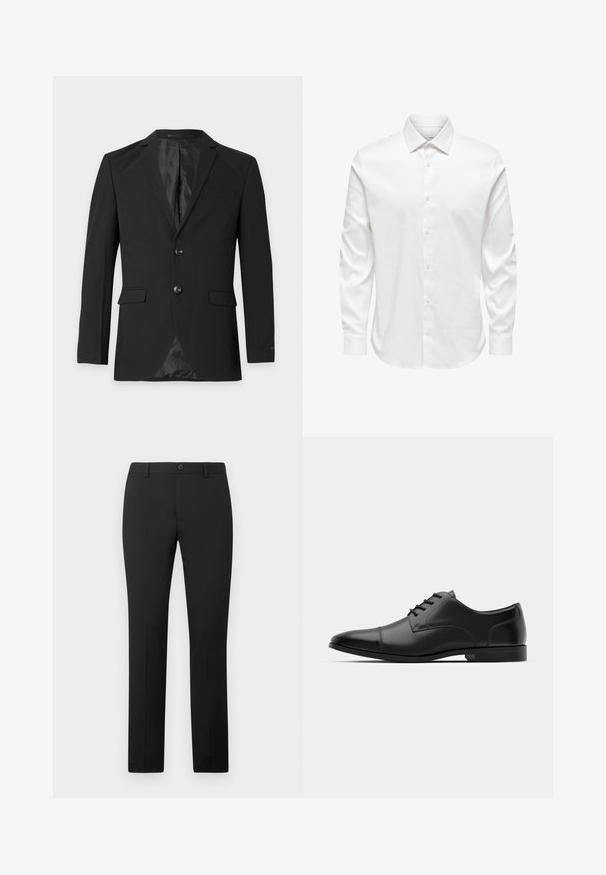Blazer formel noir pour homme avec deux boutons, revers crantés, poches à rabat et une poche poitrine passepoilée, présenté sur un fond uni.; Chemise blanche pour homme à manches longues avec col pointu et rangée avant de boutons blancs sur fond uni.; Pantalon noir sur mesure avec une coupe droite, doté d'une fermeture à bouton et de passants pour ceinture. Confectionné dans un tissu lisse sans motifs apparents.; Chaussure habillée en cuir noir avec un bout arrondi, texture lisse, six œillets et une semelle noire basse. Présente une couture discrète sur le bout.