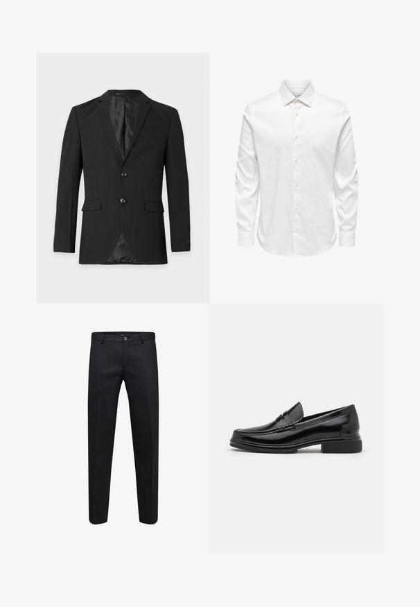 Blazer formal negro para hombre con dos botones, solapas con muesca, bolsillos con solapa y un bolsillo en el pecho, mostrado sobre un fondo liso.; Camisa de vestir blanca para hombre de manga larga con cuello puntiagudo y fila frontal de botones blancos sobre un fondo liso.; Pantalones formales negros con cierre de botón y cremallera, corte recto y trabillas para cinturón, mostrados sobre un fondo blanco.; Mocasines de cuero negro con punta redondeada, que presentan un detalle cosido a través del empeine y un tacón bajo y cuadrado. Textura suave y acabado brillante.