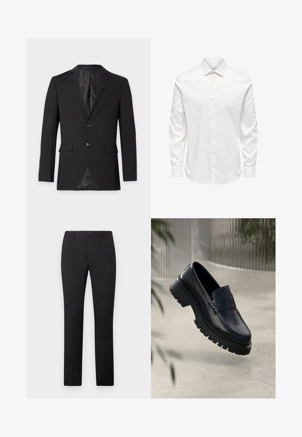 Sort herre formel blazer med to knapper, hakkeslag, klaplommer og en brystlomme med kant, vist mod en ensfarvet baggrund.; Hvid herreskjorte med lange ærmer, spids krave og række af hvide knapper foran på ensfarvet baggrund.; Sorte skræddersyede bukser med lige ben, som har knaplukning og bæltestropper. Fremstillet i glat stof uden synlige mønstre.; Sorte læder loafers med en chunky sål, der har en dekorativ rem og syninger. Glat tekstur med en poleret overflade.