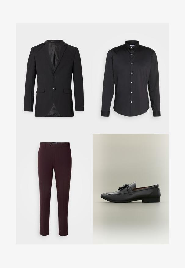 Blazer formal negro para hombre con dos botones, solapas con muesca, bolsillos con solapa y un bolsillo en el pecho, mostrado sobre un fondo liso.; Camisa negra de manga larga hecha de tela suave, con cuello puntiagudo, cierre frontal de botones con botones blancos y puños de un solo botón.; Pantalones burdeos oscuros de corte slim, con cierre de botón, trabillas para cinturón y pliegues frontales. Tela suave con un diseño elegante.; Moccassines de cuero negro con punta redondeada, borlas decorativas y detalles de costura. Tacón plano con un perfil elegante y textura suave.