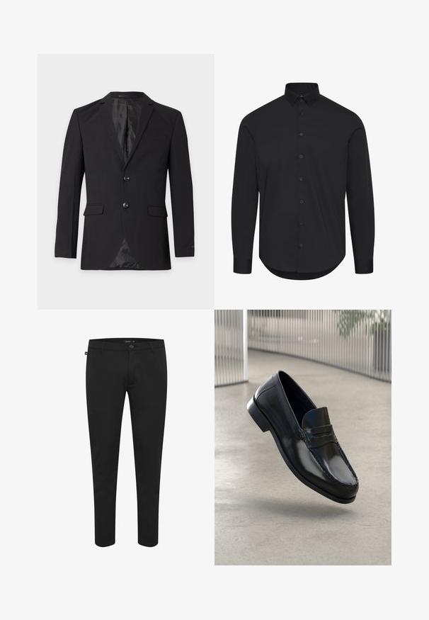 Blazer formal negro para hombre con dos botones, solapas con muesca, bolsillos con solapa y un bolsillo en el pecho, mostrado sobre un fondo liso.; Camisa negra de manga larga hecha de tela suave, con cuello abotonado y botones frontales, con un dobladillo curvado y un ajuste entallado.; Pantalones negros de tela suave. Cuentan con un cierre de botón, pasadores para cinturón y un diseño ajustado con perneras estrechas. Sin patrones visibles.; Mocasines de cuero negro con acabado liso, punta redondeada, costuras decorativas y una suela ligeramente elevada.