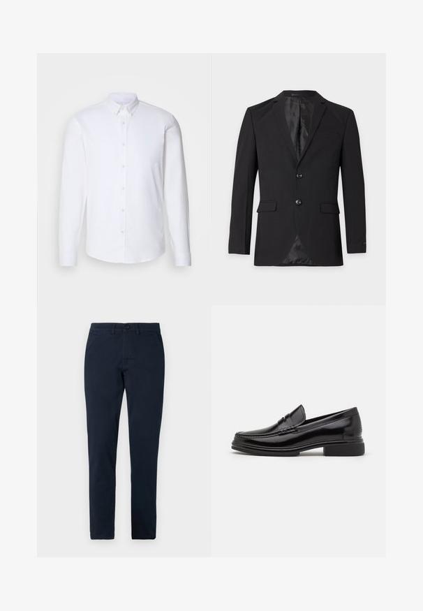 Blazer formel noir pour homme avec deux boutons, revers crantés, poches à rabat et une poche poitrine passepoilée, présenté sur un fond uni.; Chemise blanche à manches longues avec boutons, fabriquée dans un tissu lisse, dotée d'un col classique, de huit boutons sur le devant et de poignets standards.; Pantalon noir slim fit pour homme avec fermeture avant par bouton et zip, passants de ceinture et poches latérales.; Mocassins en cuir noir avec un embout arrondi, présentant un détail cousu sur le dessus, et un petit talon carré. Texture lisse et finition brillante.