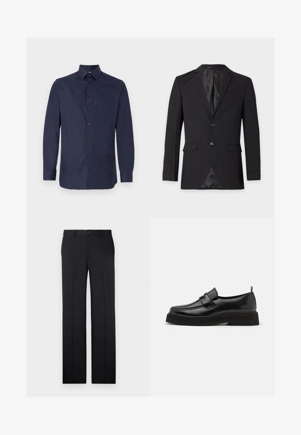 Blazer formel noir pour homme avec deux boutons, revers crantés, poches à rabat et une poche poitrine passepoilée, présenté sur un fond uni.; Chemise de couleur bleu marine, boutonnée, en tissu lisse, avec un col classique, des manches longues et sept boutons noirs le long du devant.; Pantalons noirs ajustés avec une coupe droite, en tissu lisse, avec des plis avant et une fermeture à bouton unique à la taille.; Chaussures en cuir noir de style mocassin avec une semelle plate et texturée, présentant un bout piqué et une sangle traversant le cou-de-pied.