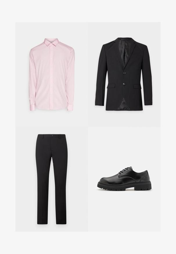 Sort herre formel blazer med to knapper, hakkeslag, klaplommer og en brystlomme med kant, vist mod en ensfarvet baggrund.; Lyserød skjorte med lange ærmer, knapkrave, forreste knapper og manchetter. Glat stofstruktur med et klassisk design.; Sorte skræddersyede bukser med lige ben, som har knaplukning og bæltestropper. Fremstillet i glat stof uden synlige mønstre.; Sorte lædersko med rund tå, snørelukning og en tykk, struktureret gummisål. Har syninger langs kanten og en glat overflade.