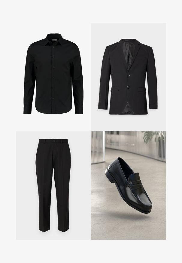 Sort herre formel blazer med to knapper, hakkeslag, klaplommer og en brystlomme med kant, vist mod en ensfarvet baggrund.; Sort langærmet skjorte lavet af glat stof, har en knaplukning foran, spidse kraver og en skræddersyet pasform med en buet kant.; Sorte bukser lavet af glat stof, med lige ben design, forlommer, en enkelt knaplukning, og uden synlige mønstre.; Sorte læder loafers med en glat finish, rundet tå, dekorative syninger og en let forhøjet ydersål.
