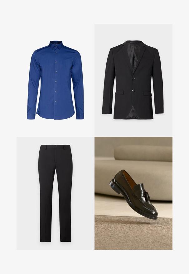 Blazer formal negro para hombre con dos botones, solapas con muesca, bolsillos con solapa y un bolsillo en el pecho, mostrado sobre un fondo liso.; Camisa de manga larga y cuello en tejido azul oscuro con una textura suave, con cierre de botones en la parte delantera y dobladillo redondeado. Brillo sutil en el tejido.; Pantalones negros a medida con diseño de pierna recta, con cierre de botón y trabillas para cinturón. Hechos de tela suave sin patrones visibles.; Zapato mocasín de cuero negro con borlas flotando sobre una alfombra beige con un sofá beige al fondo.