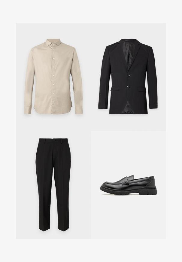 Μαύρο επίσημο blazer ανδρών με δύο κουμπιά, πέτα με αυλάκι, τσέπες με καπάκι και τσέπη στο στήθος, εμφανιζόμενο σε απλό φόντο.; Μπεζ μακρυμάνικο πουκάμισο από βαμβάκι με ίσια γραμμή, γιακά με κουμπιά και κλείσιμο με κουμπιά στο μπροστινό μέρος. Απαλή υφή χωρίς σχέδια.; Μαύρο παντελόνι από λείο ύφασμα, με ίσια γραμμή, μπροστινές τσέπες, κλείσιμο με ένα κουμπί και χωρίς ορατά σχέδια.; Μαύρος δερμάτινος λουστρίνι με φαρδύ λουρί στη μπροστινή πλευρά, καουτσούκ σόλα με χοντρές τρέχουσες και λεία υφή. Κλασικός, κομψός σχεδιασμός.