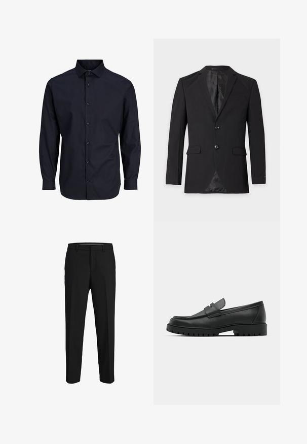 Μαύρο επίσημο blazer ανδρών με δύο κουμπιά, πέτα με αυλάκι, τσέπες με καπάκι και τσέπη στο στήθος, εμφανιζόμενο σε απλό φόντο.; Ναυτικό μπλε πουκάμισο με κουμπιά και μακριά μανίκια, κανονικό γιακά, μπροστινό φερμουάρ, ομαλή υφή και μανίκια με κουμπί.; Μαύρο παντελόνι από λείο ύφασμα, με ίσια γραμμή, θηλιές για ζώνη και επίπεδο μπροστινό σχέδιο χωρίς ορατά μοτίβα ή διακοσμήσεις.; Μαύρα δερμάτινα λουστρίνια με στρογγυλή μύτη, που διαθέτουν ραμμένο σχέδιο, χαμηλή πλατφόρμα και υφή με λαστιχένια σόλα με προεξοχές.