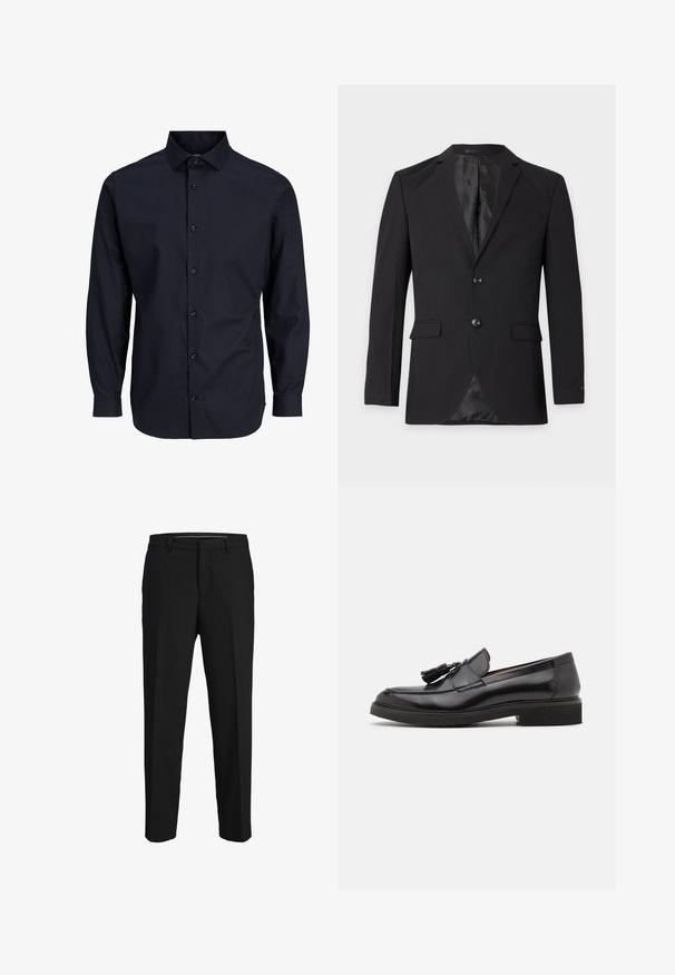 Sort herre formel blazer med to knapper, hakkeslag, klaplommer og en brystlomme med kant, vist mod en ensfarvet baggrund.; Mørkeblå knappeskjorte med lange ærmer, standard krave, frontplacket, glat tekstur og en-knaps manchetter.; Sorte bukser lavet af glat stof, med lige snit, bæltestropper og et fladt frontdesign uden synlige mønstre eller pyntegenstande.; Sorte læder loafers med frynse detalje, afrundet tå og en tekstureret sål. Har en glat finish og minimalistisk design.