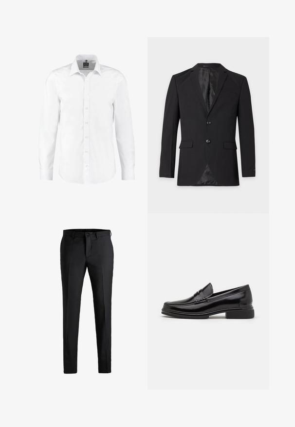 Blazer formel noir pour homme avec deux boutons, revers crantés, poches à rabat et une poche poitrine passepoilée, présenté sur un fond uni.; Chemise blanche à manches longues en tissu lisse, dotée d'un col classique, d'une fermeture à boutons sur le devant et de poignets avec un seul bouton. Sans motifs ni accents.; Pantalons noirs en tissu lisse, avec une coupe droite, un clasp frontal simple, des passants de ceinture et un design épuré et simple.; Mocassins en cuir noir avec un embout arrondi, présentant un détail cousu sur le dessus, et un petit talon carré. Texture lisse et finition brillante.