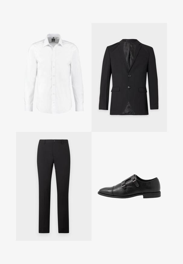 Zwarte formele herenblazer met twee knopen, een inkeping in het revers, klepzakken en een borstzakje, getoond tegen een effen achtergrond.; Witte langearmige shirt gemaakt van gladde stof, met een klassieke kraag, knopen aan de voorkant en manchetten met enkele knopen. Geen patronen of accenten.; Zwarte, op maat gemaakte broek met een rechte pijp, voorzien van een knoopsluiting en riemlussen. Gemaakt van gladde stof zonder zichtbare patronen.; Zwarte leren monniksschoen met twee zilveren gespen, ontwerp met teenkap, ronde neus en een lage rubberen zool. Glad textuur, elegante silo.