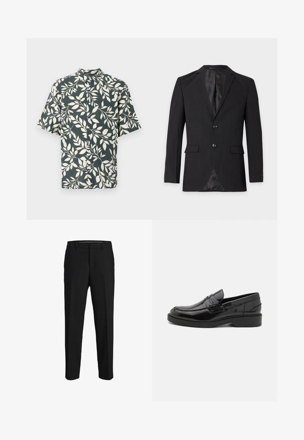 Μαύρο επίσημο blazer ανδρών με δύο κουμπιά, πέτα με αυλάκι, τσέπες με καπάκι και τσέπη στο στήθος, εμφανιζόμενο σε απλό φόντο.; Πουκάμισο με κοντά μανίκια, μαύρο φόντο και λευκό σχέδιο με φυλλώδεις κλαδιά, κλασικό γιακά και κουμπιά μπροστά.; Μαύρο παντελόνι από λείο ύφασμα, με ίσια γραμμή, θηλιές για ζώνη και επίπεδο μπροστινό σχέδιο χωρίς ορατά μοτίβα ή διακοσμήσεις.; Μαύρα δερμάτινα loafers με λεία επιφάνεια, στρογγυλή μύτη, χαμηλό τακούνι και διακοσμητικό ράψιμο μπροστά. Εξωτερική σόλα από καουτσούκ για πρόσφυση.