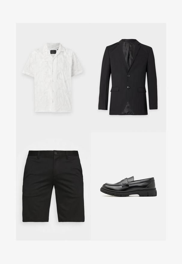 Sort herre formel blazer med to knapper, hakkeslag, klaplommer og en brystlomme med kant, vist mod en ensfarvet baggrund.; Hvid kortærmet skjorte med delikat broderi af blad- og blomstermønstre. Bemærkelsesværdige detaljer inkluderer en frontknaplukning og en krave.; Sorte shorts lavet af et glat, åndbart stof, med knaplukning, bæltestropper og lige ben-design.; Sort læder loafersko med en bred rem over forfoden, gummisål med tykke mønstre og glat overflade. Klassisk, slankt design.