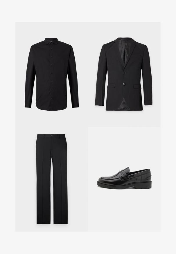 Sort herre formel blazer med to knapper, hakkeslag, klaplommer og en brystlomme med kant, vist mod en ensfarvet baggrund.; Sort langærmet skjorte lavet af vævet stof, med knaplukning fortil, krave og klassisk pasform. Glat tekstur og minimalistisk design.; Sorte, skræddersyede bukser med lige ben, glat stof, pressefolder foran og en enkelt knaplukning i taljen.; Sorte læder loafers med en glat finish, rund tå, lav hæl og dekorativ syning langs forsiden. Gummisål for godt greb.
