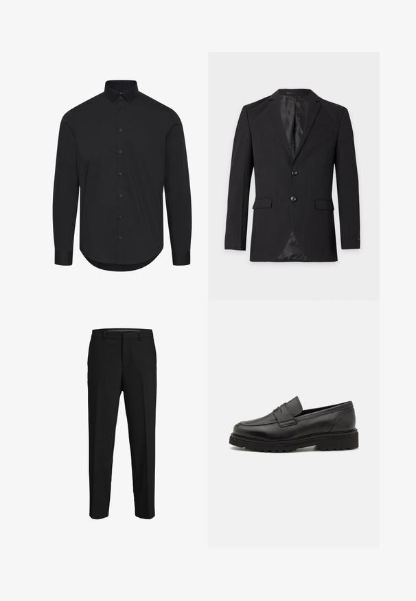 Sort herre formel blazer med to knapper, hakkeslag, klaplommer og en brystlomme med kant, vist mod en ensfarvet baggrund.; Sort langærmet skjorte lavet af glat stof, med en knap-ned krave og frontknapper, en buet kant og skræddersyet pasform.; Sorte bukser lavet af glat stof, med lige snit, bæltestropper og et fladt frontdesign uden synlige mønstre eller pyntegenstande.; Sort læder loafersko med rund tå, syningsdetaljer og en tyk, struktureret sål. Har et elegant, minimalistisk design.
