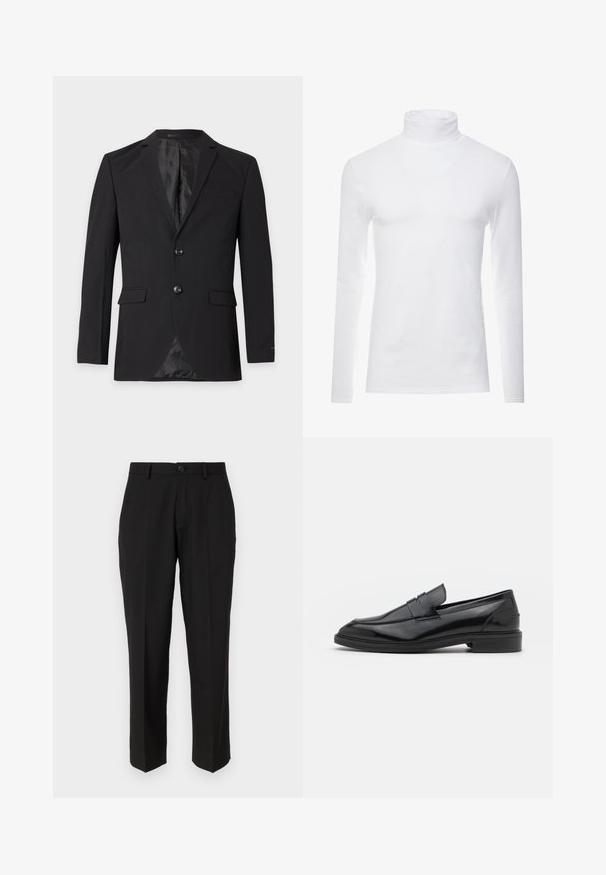 Μαύρο επίσημο blazer ανδρών με δύο κουμπιά, πέτα με αυλάκι, τσέπες με καπάκι και τσέπη στο στήθος, εμφανιζόμενο σε απλό φόντο.; Λευκό μακρυμάνικο πουκάμισο με ζιβάγκο, κατασκευασμένο από μαλακό και ελαστικό ύφασμα. Διαθέτει ψηλό γιακά και εφαρμοστή γραμμή, προσφέροντας μια αεροδυναμική σιλουέτα.; Μαύρο παντελόνι από λείο ύφασμα, με ίσια γραμμή, μπροστινές τσέπες, κλείσιμο με ένα κουμπί και χωρίς ορατά σχέδια.; Μαύρες δερμάτινες loafers με λείο φινίρισμα, με στρογγυλή μύτη και στενό λουρί στην επάνω πλευρά. Χαμηλό σωρευμένο τακούνι.