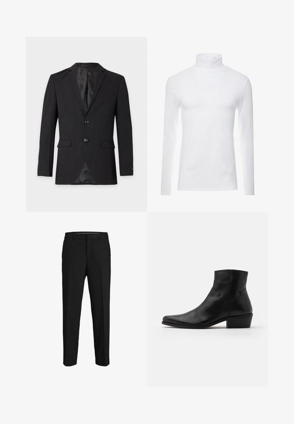 Schwarzer formeller Herrenblazer mit zwei Knöpfen, Kerbkragen, Pattentaschen und einer Brustleistentasche, vor einfarbigem Hintergrund.; Weißes Langarm-Turtleneck-Shirt aus weichem, dehnbarem Stoff. Verfügt über einen hohen Kragen und eine figurbetonte Passform, die eine schlanke Silhouette bietet.; Schwarze Hose aus glattem Material, mit geradem Schnitt, Gürtelschlaufen und flachem Vorderteil ohne sichtbare Muster oder Verzierungen.; Schwarze Leder-Ankle-Boots mit spitzer Zehenpartie, minimalen Nähdetails, einem mittelhohen Blockabsatz und einer glatten, polierten Oberfläche.