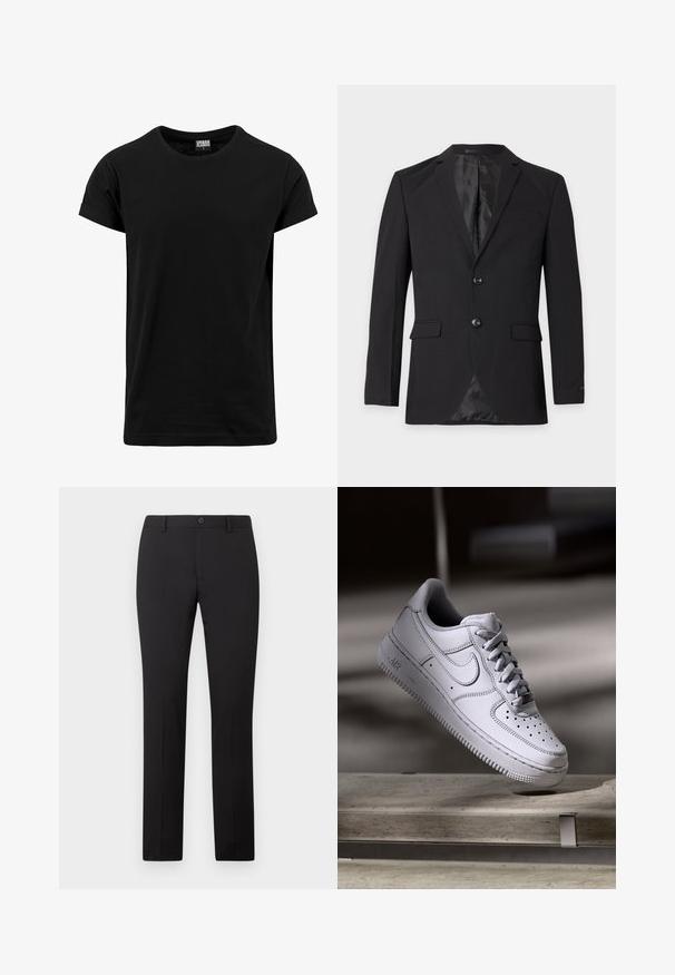 Meeste must formaalne jakk kahe nupu, sälkkaeluse, klapiga taskute ja rinnataskuga, näidatud ühevärvilise tausta ees.; Must must shirt, mis on valmistatud puuvillast, klassikalise ümara kaelusega, lühikeste rullitud varrukatega ja sirge äärega. Lihtne, ühes toonis disain, ilma mustriteta.; Mustad kohandatud püksid sirge jalgade disainiga, millel on nööpkinnitus ja vööaasad. Valmistatud siledast kangast, millel puuduvad nähtavad mustrid.; Valge nahast Nike Air Force 1 tennisejalanõu, millel on perforatsiooniga varvas, lamedad paelad ja tekstureeritud kummist tallaga, millel on küljele märgitud "AIR".