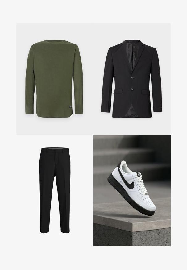 Blazer formal negro para hombre con dos botones, solapas con muesca, bolsillos con solapa y un bolsillo en el pecho, mostrado sobre un fondo liso.; Camiseta de manga larga, de color verde oliva y cuello redondo, con una pequeña etiqueta negra cerca del dobladillo inferior, sobre un fondo blanco liso.; Pantalones negros de tela suave, con corte recto, lazos para cinturón y un diseño de frente plano sin patrones ni adornos visibles.; Zapatilla deportiva de cuero blanco con detalles en negro, punta redondeada y detalles perforados. Suela de goma negra con patrón texturizado y cierre de cordones.