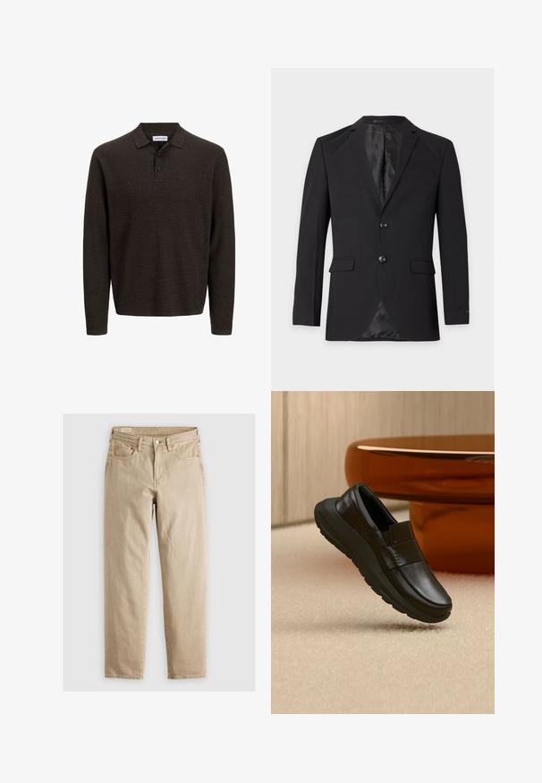 Blazer formel noir pour homme avec deux boutons, revers crantés, poches à rabat et une poche poitrine passepoilée, présenté sur un fond uni.; Polo à manches longues marron en tissu texturé. Doté d'un col classique et de trois boutons sur le devant. Coupe décontractée avec des poignets côtelés.; Jean en denim beige avec une coupe droite, doté de cinq poches, d'une fermeture à bouton à l'avant et de détails de couture subtils. Texture lisse, design décontracté.; Mocassin en cuir noir avec une semelle épaisse, présenté au-dessus d'un tapis beige et près d'une base de table ronde couleur ambre.