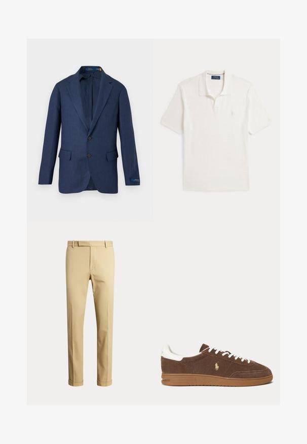 Marineblauwe herensblazer met inkeping rever, twee voorzakken met klep, twee knopen en een Polo Ralph Lauren-label op de linkermouw manchet.; Wit poloshirt met korte mouwen, kraag en klein geborduurd logo op de linkerborst, merkembleem aan de binnenkant van de kraag.; Beige op maat gemaakte herenbroek met riemlussen en omgeslagen pijpen, getoond tegen een effen lichte achtergrond.; Bruine suède sneaker met witte veters en hiel, rubberen zool en gouden Ralph Lauren paardenlogo op de zijkant.