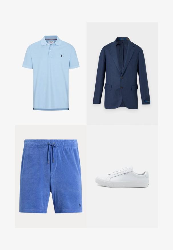 Teise sinine meeste bleiser sälgudega, kahe esikäepa tasku, kahe nupuga ja Polo Ralph Laureni sildiga vasakul varruka mansetil.; Hele sinine lühikeste varrukatega polo-särk, mis on valmistatud pehmest puuvillast. Omab kolme nupuga pealistust, kraed ja tikitud logo rinnal.; Sinised froteeshortsid, millel on elastne vöökoht ja pael, ning väike tikitud logo ääre lähedal.; Valge nahkkingadega tossud, millel on sile viimistlus, madal disain, ümar varvas ja lame kummitald. Omavad lamedaid paelu ja minimaalset brändingut.