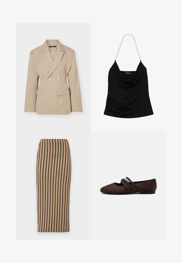 Beige dobbeltradet blazer med notch revers, to knapper, klaplommer og en brystlomme med paspolering, vist på en ensfarvet lys baggrund.; Sort draperet tanktop med en løstsiddende halsudskæring og tekstureret stof. Har perlekædestrapper og et logomærke indeni.; Strikket blyantskirt i tan med vertikale sorte striber. Mellemlangt, tætsiddende design med en glat tekstur og enkel talje. Ingen synlige lukninger.; Brun flad sko med spids tå og to tynde krydsende remme over vristen, synlige syningsdetaljer og en lav hæl.