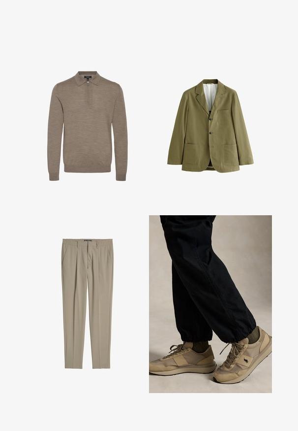Olijfgroene herenblazer met inkepingrevers, drie knopen aan de voorkant en drie opgestikte zakken, afgebeeld tegen een witte achtergrond.; Lichtbruine pullover met een ritskraag, lange mouwen en een zachte textuur, gemaakt van fijn gebreid materiaal.; Beige slim-fit broek met elastische tailleband, zijzakken, broekriemlussen en een ritssluiting aan de voorkant.; Persoon met beige vetersneakers met zwart logo, olijfgroene sokken, en zwarte broek met elastische boorden, staand op een neutrale vloer.