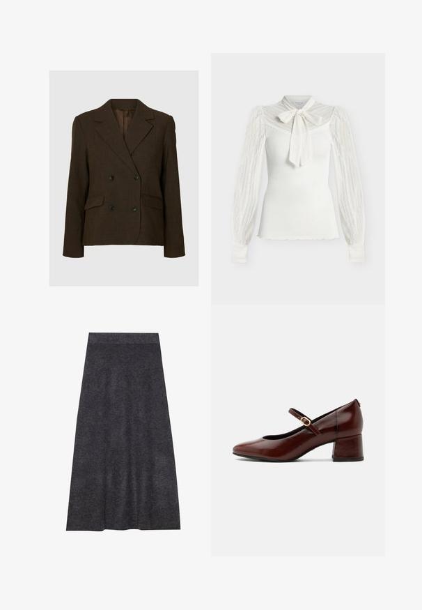 Blazer brun foncé croisé avec revers crantés, quatre boutons noirs, manches longues et deux poches avant à rabat.; Haut blanc à manches longues côtelé avec manches en dentelle, empiècement en dentelle et un grand noeud en dentelle noué au cou.; Jupe en maille gris foncé, longueur genou, avec une texture lisse et une ceinture. Silhouette en A avec un ourlet uniforme, conçue pour le confort et la polyvalence.; Chaussure Mary Jane en cuir marron avec petit talon bloc et bride à boucle dorée, vue latérale sur fond blanc.