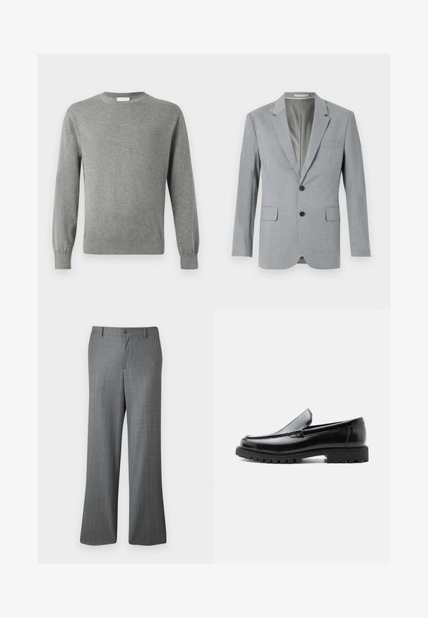 Blazer gris con tejido texturizado, diseño de un solo botón, solapas notch, dos bolsillos frontales y botones negros. Interior forrado.; Calvin Klein Jersey de punto - medium grey; Pantalones de rayas grises con un ajuste relajado, que presentan un cierre de botón, pasadores para cinturón y sutiles rayas azul claro en toda su superficie.; Mocasín de cuero negro con suela de goma gruesa, empeine cosido y nombre de la marca en relieve en el talón, mostrado en perfil lateral sobre fondo blanco.