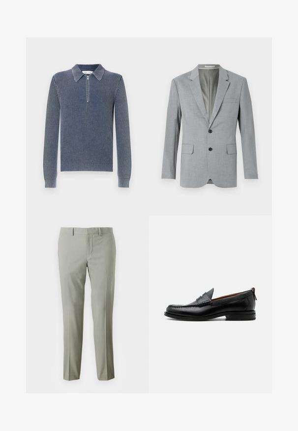 Blazer gris avec un tissu texturé, design à un bouton, revers crantés, deux poches avant et boutons noirs. Doublure intérieure.; Pull-over en maille côtelée bleu marine foncé avec un col à revers et une fermeture éclair à mi-longueur. Manches longues et poignets ajustés caractérisent ce modèle.; Pantalons gris clair avec une coupe ajustée, en tissu lisse, jambes droites et ceinture simple sans matériel visible.; Mocassin homme en cuir noir avec couture moc toe, bride penny, col texturé et petit talon empilé sur fond blanc.