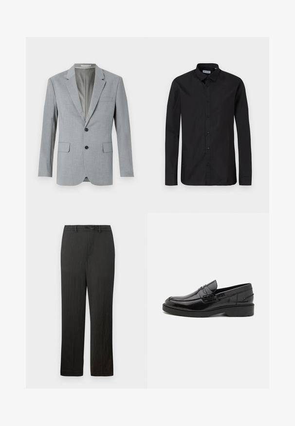 Blazer gris avec un tissu texturé, design à un bouton, revers crantés, deux poches avant et boutons noirs. Doublure intérieure.; Chemise noire à manches longues avec un col classique, fabriquée en tissu lisse, dotée de boutons à l'avant et d'une coupe classique.; Pantalons noirs à jambes droites avec une texture lisse, dotés d'une taille à cordon de serrage et d'un tissu léger et discret.; Mocassins en cuir noir avec une finition lisse, un bout rond, un petit talon et descoutures décoratives à l'avant. Semelle en caoutchouc pour l'adhérence.