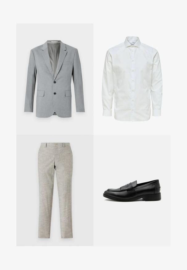 Grå blazer med struktureret stof, enkeltknapsdesign, udskårne lapeller, to frontlommer og sorte knapper. Fodret inderside.; Hvid skjorte med lange ærmer med knaplukning foran og spids krave, vist mod en hvid baggrund.; Lysegrå bukser i tekstureret stof med flad front, lynlås og en enkelt knaplukning. Skræddersyet slim fit med lige ben.; Sort læder herre loafers med kvast detalje, rundet tå, lav hæl og glat poleret finish, vist fra siden på hvid baggrund.