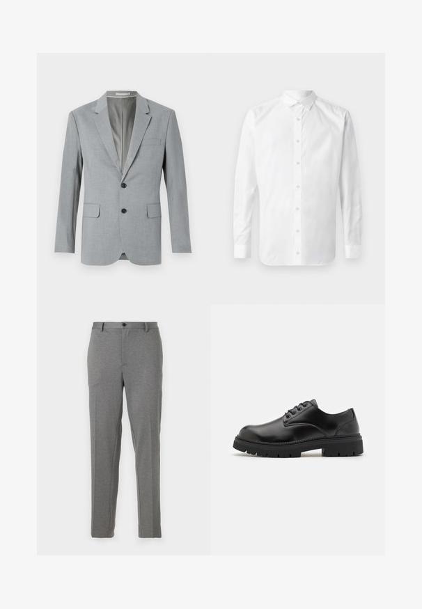 Blazer gris avec un tissu texturé, design à un bouton, revers crantés, deux poches avant et boutons noirs. Doublure intérieure.; Chemise blanche à manches longues, à col classique, avec une patte de boutonnage à l'avant et une texture en coton lisse.; Pantalons gris ajustés avec une texture lisse, un léger motif, une fermeture éclair et un bouton, dotés de poches avant et de jambes fuselées.; Chaussures en cuir noir avec un bout rond, un laçage et une semelle en caoutchouc épaisse et texturée. Présente des coutures le long du bord et une finition lisse.