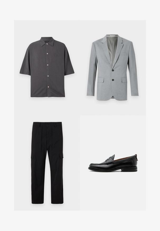 Grå blazer med struktureret stof, enkeltknapsdesign, udskårne lapeller, to frontlommer og sorte knapper. Fodret inderside.; Kortærmet skjorte i kulgrå farve lavet af blødt stof. Har en klassisk krave, lyserøde knapper og et diskret broderet logo på brystet.; Sorte cargo bukser lavet af letvægtsstof, med lige ben design, frontfald, sidelommer og knaplukning.; Sort læder herre loafer med moc-tå syning, penny strop, struktureret krave og lav stablet hæl på hvid baggrund.