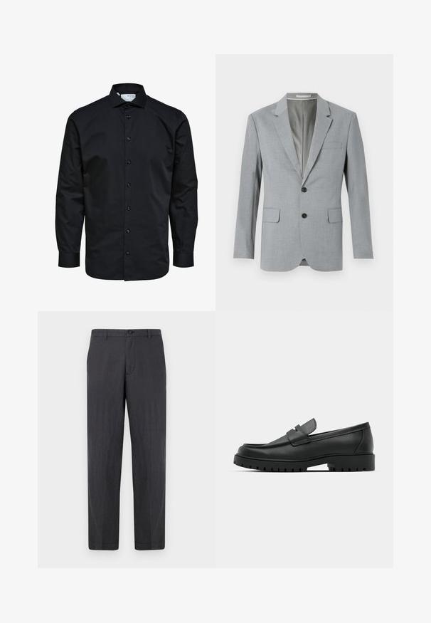 Blazer gris con tejido texturizado, diseño de un solo botón, solapas notch, dos bolsillos frontales y botones negros. Interior forrado.; Camisa de hombre negra de manga larga con botones delanteros y cuello clásico, hecha de tela lisa.; Pantalones rectos de color gris oscuro, fabricados en un tejido ligero. Cuentan con un cierre de botón y un frente plano sin bolsillos visibles. Textura suave.; Mocasines de cuero negro con punta redonda, que cuentan con un diseño cosido, suela de plataforma baja y una suela de goma texturada y con tacos.