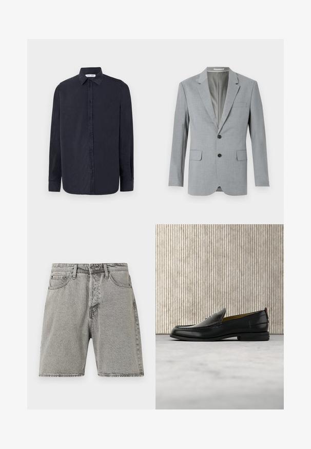 Grauer Blazer aus strukturiertem Stoff, einreihiges Design, mit Reverskragen, zwei vorderen Taschen und schwarzen Knöpfen. Gefüttertes Innenfutter.; Samsøe Samsøe RYAN SHIRT - Hemd - salute; Graue Denim-Shorts mit klassischem Schnitt, fünf Taschen und sichtbaren Nähten. Mit einem Knopfverschluss vorne und einer leicht verblassten Textur.; Schwarzer Herren-Slipper aus Leder mit einer krokogeprägten Vorderkappe und einem niedrigen Absatz, im Profil vor neutralem Hintergrund gezeigt.